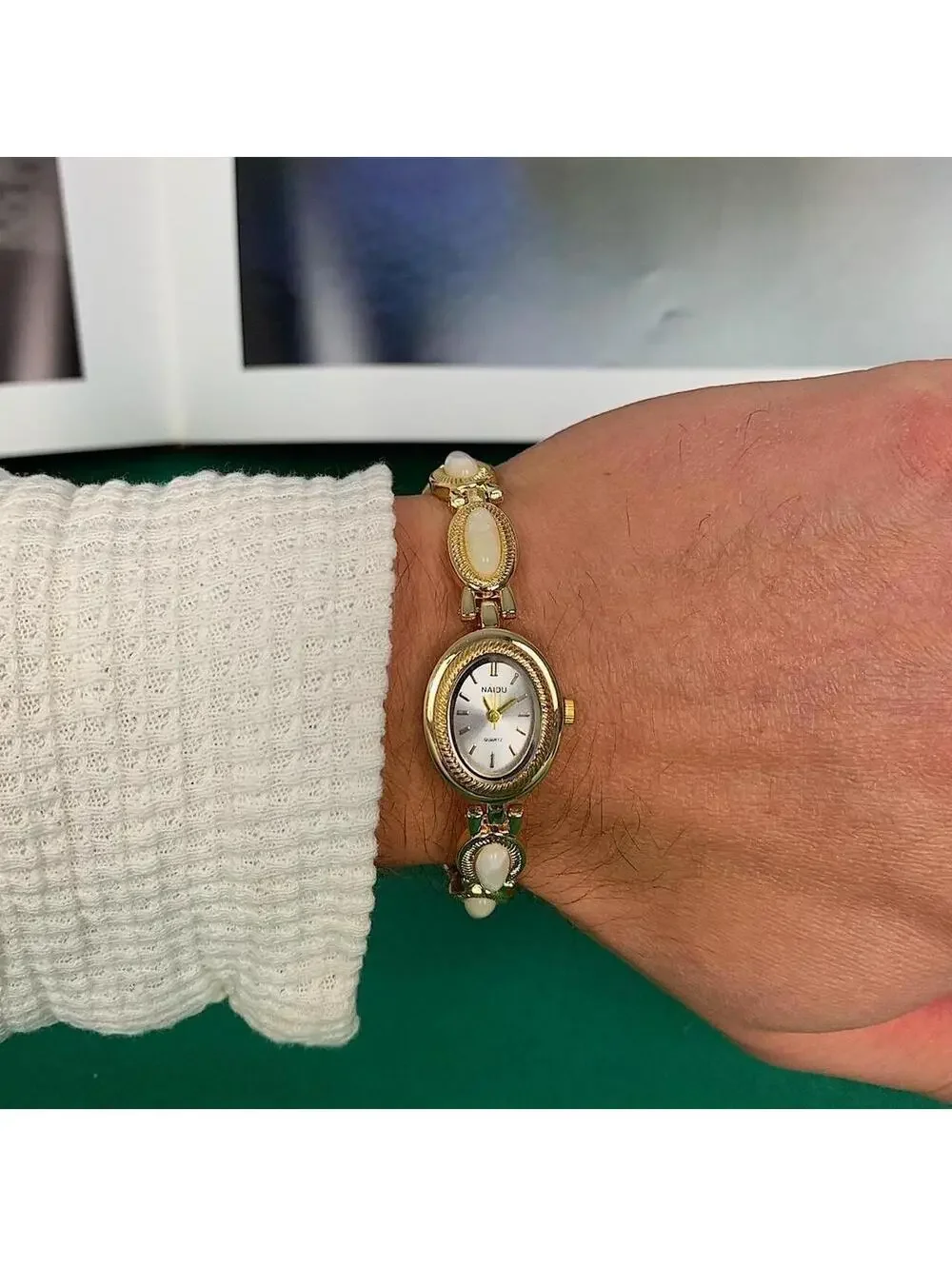 Y2k style Dainty cute Gold style tone quartz watch with lime green jade stone op